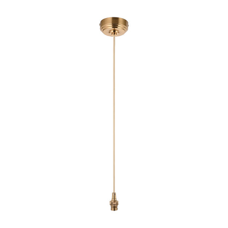 Gallery Direct Adwen 1 light pendant suspension with aged brass ceiling rose, natural braided fabric flex and exposed B22 bayonet lampholder.