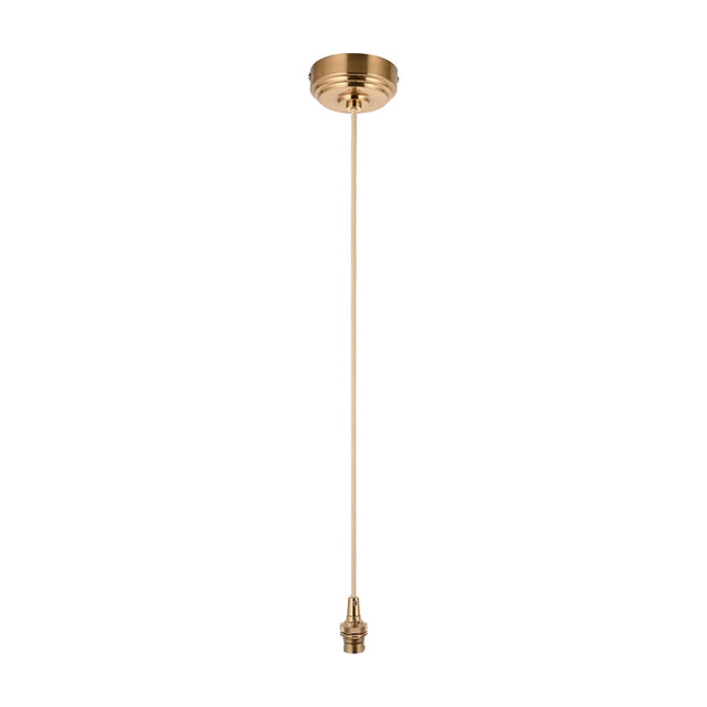 Gallery Direct Adwen 1 light pendant suspension with aged brass ceiling rose, natural braided fabric flex and exposed B22 bayonet lampholder.