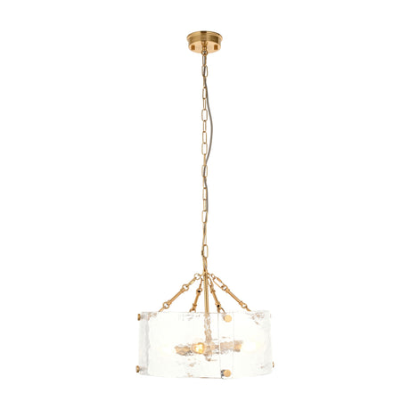 Gallery Direct Roswyn 4-light pendant with textured glass drum shade, splayed brushed aged brass arms and chain suspension on a white background.
