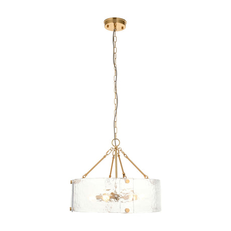 Gallery Direct Roswyn 6-light drum pendant with textured rippled clear glass shade, brushed aged brass arms, chain suspension and ceiling plate.