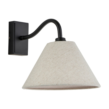 Gallery Direct Kesvora wall light with matt black swan-neck arm, rectangular back plate and tapered natural linen shade, on a white background.