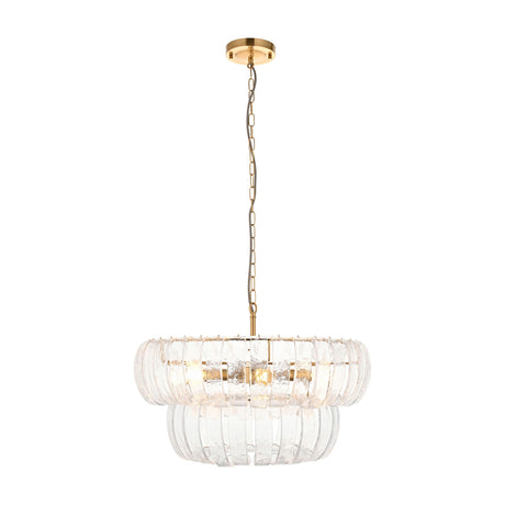 Gallery Direct Wolvenna two-tier chandelier with textured clear glass rods on a brushed brass frame and chain suspension, shown on a white background.