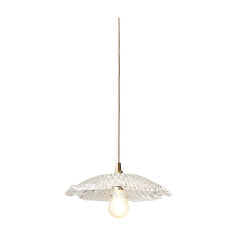 Gallery Direct Ovressa pendant light with rippled clear glass petal-shaped shade, brass fitting, fabric flex and exposed E27 bulb on a white background.