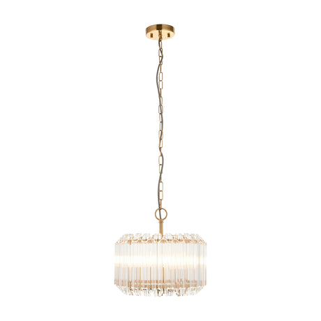 Gallery Direct Vaelenna 3-light drum chandelier pendant with brushed aged brass frame, clear faceted glass rods, and chain suspension on a white background.