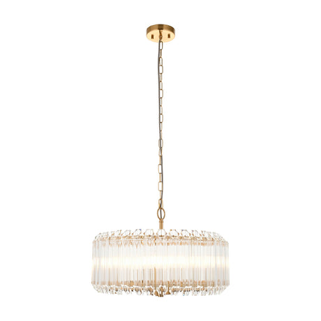 Gallery Direct Vaelenna 5 light crystal drum pendant with tiered clear glass rods on a brushed aged brass frame, suspended from a chain and ceiling rose.