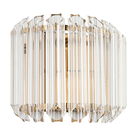 Gallery Direct Vaelenna wall light with staggered tiers of clear faceted crystal rods around a brushed aged brass frame, on a white background.