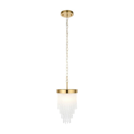 Gallery Direct Astralen cascading chain pendant light with tiered glass strands beneath a brushed aged brass disc, suspended from a matching chain.