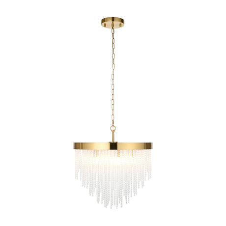 Gallery Direct Astralen 5-light chandelier pendant with brushed brass drum frame, chain suspension and tiered cascading textured glass rods on white.