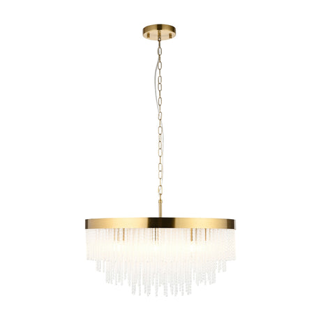 Gallery Direct Astralen Grand tiered pendant light with brushed brass ring, cascading textured glass rods, and chain suspension on a white background.