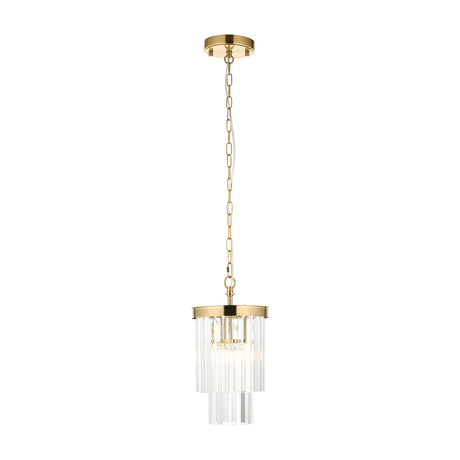 Gallery Direct Talwen tiered crystal glass pendant light in brushed aged brass with faceted glass rods, chain suspension and ceiling rose, on white.