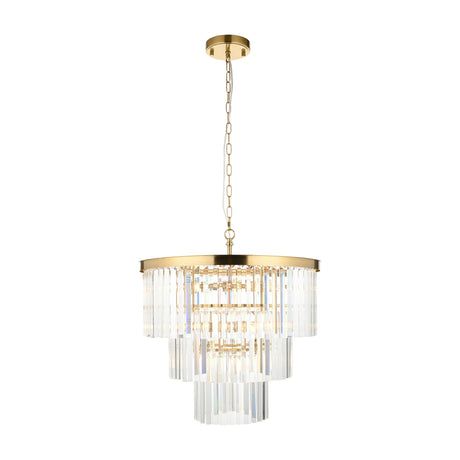 Gallery Direct Talwen 7 light tiered crystal chandelier with clear faceted glass drops and brushed aged brass frame on chain, shown on a white background.