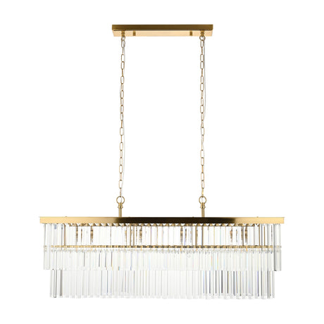 Gallery Direct Talwen rectangular crystal pendant light with aged brass frame, twin chain suspension, and two tiered rows of clear faceted glass bars.