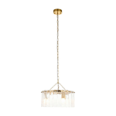 Sarvenna 3-light glass pendant by Gallery Direct with brushed brass chain suspension and a drum ring of clear ribbed glass panels on a white background.