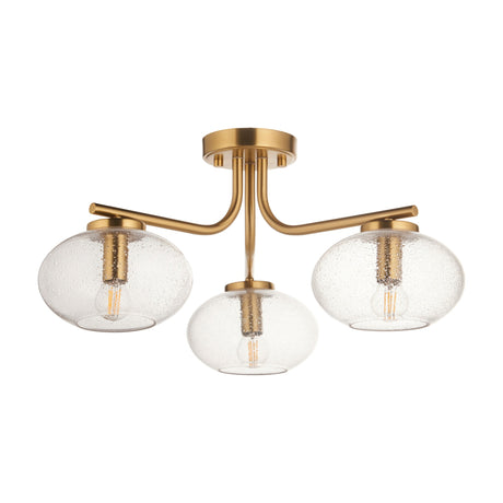 Gallery Direct Javenna semi-flush ceiling light with three seeded glass globe shades on curved brass arms, shown on a white background.