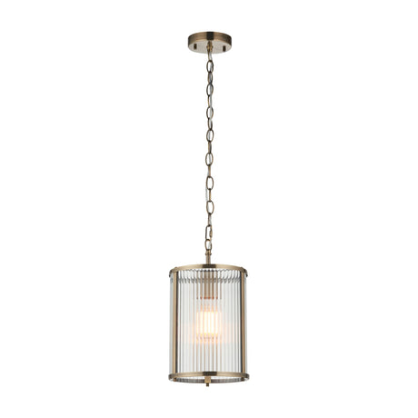 Gallery Direct Redlenna ribbed clear glass cylinder pendant light in antique brass with chain suspension and single E27 bulb, on a white background.