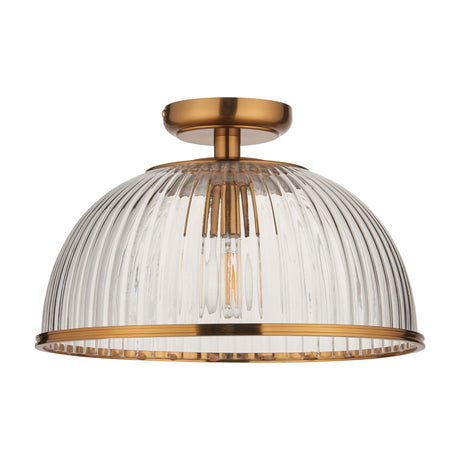 Gallery Direct Wolsanne semi-flush ceiling light with ribbed clear glass dome shade, brass rim, stem and ceiling plate, on a plain white background.