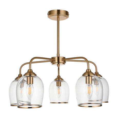 Gallery Direct Vellamis 5 light semi-flush pendant in brushed brass with five curved arms and clear rounded glass shades holding filament bulbs.