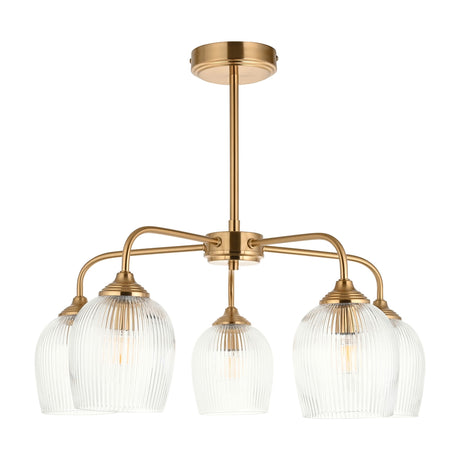 Gallery Direct Vellamis Ribbed 5 Light Pendant in aged brass with five curved arms holding tulip-shaped ribbed clear glass shades, on a white background.