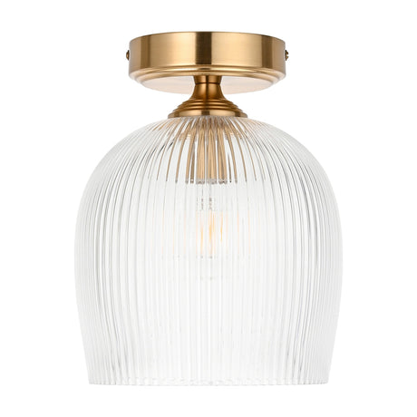 Gallery Direct Vellamis semi-flush ceiling light with aged brass fitting and clear ribbed domed glass shade on a plain white background.