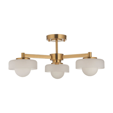 Gallery Direct Keldis semi-flush ceiling light with three brushed aged brass arms holding domed opal glass shades on a plain white background.