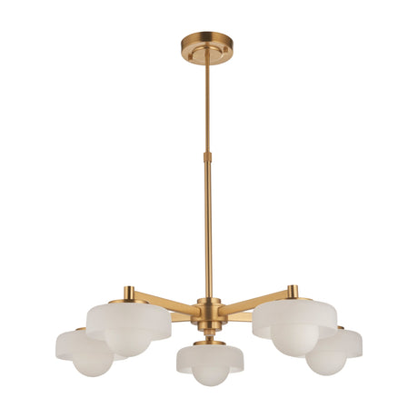 Keldis 5-light pendant by Gallery Direct with brushed aged brass arms and rounded opal white glass shades on a drop rod, shown on white.