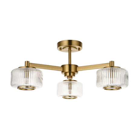Gallery Direct Marnova 3-light semi-flush ceiling light in brushed aged brass with ribbed clear glass fluted drum shades, on a white background.