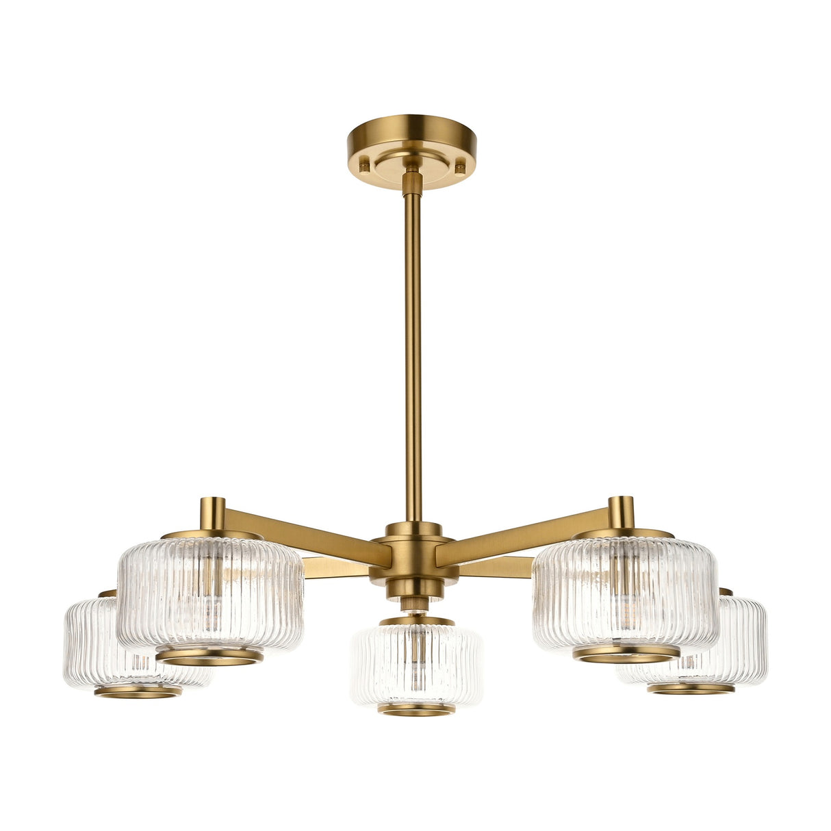 Stamford 5 Light Pendant with Ribbed Glass Shades – Brushed Aged Brass