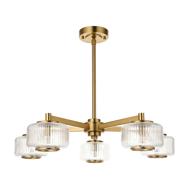 Stamford 5 Light Pendant with Ribbed Glass Shades – Brushed Aged Brass