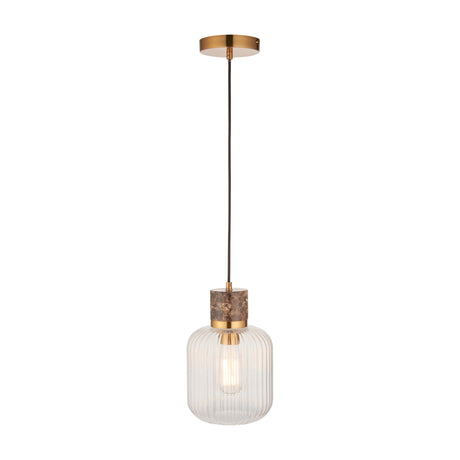 Gallery Direct Torvael pendant light with clear ribbed glass shade, brown Emperador marble collar and brass-toned fittings on a black flex.