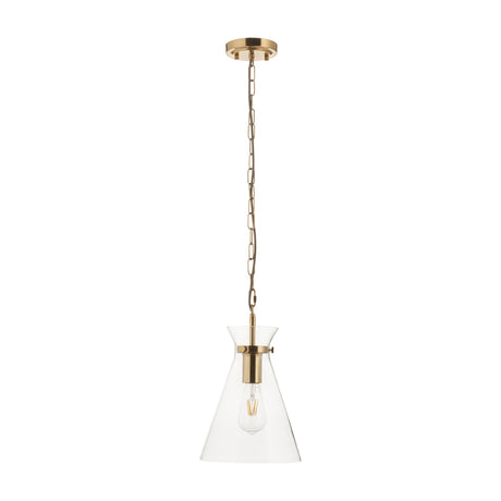 Gallery Direct Hollena pendant light with a clear conical glass shade and aged brass chain suspension, exposed E27 filament bulb, on a white background.