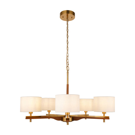 Gallery Direct Wravyn 5-light pendant with brushed brass star frame, wooden arms, and cream cylindrical fabric shades on chain suspension.