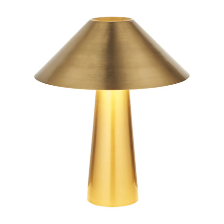 Gallery Direct Isvane table lamp in brushed aged brass with a wide cone shade over a tapered conical base, shown on a plain white background.