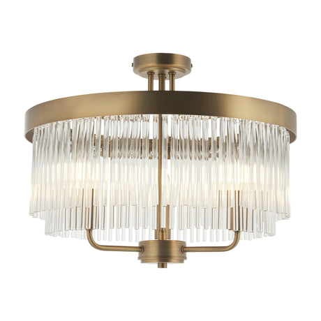 Gallery Direct Vestelle 3-light semi-flush ceiling light with tiered clear glass rods and antique brass frame on a white background.