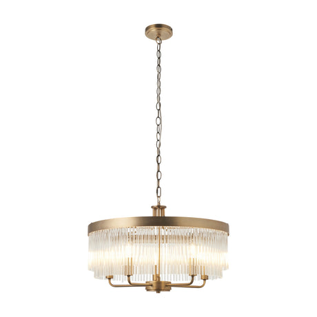 Gallery Direct Vestelle 5 light chandelier with antique brass drum frame, clear glass rod fringe, curved arms and chain suspension on a white background.