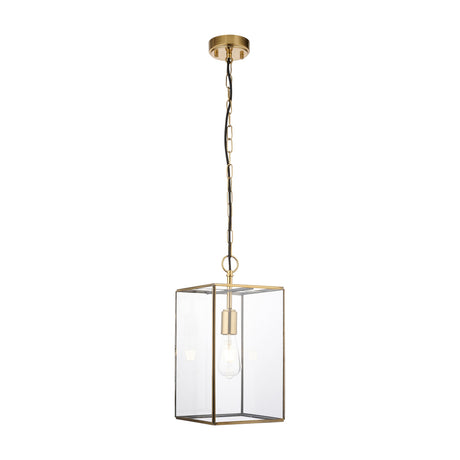 Gallery Direct Vendaris Grand Lantern Pendant Light in antique brass with clear glass box shade, exposed E27 bulb, and matching chain suspension.