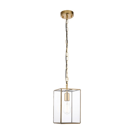 Gallery Direct Vendaris glass lantern pendant light in antique brass, featuring a square box shade with clear glass panels, chain suspension and E27 bulb.