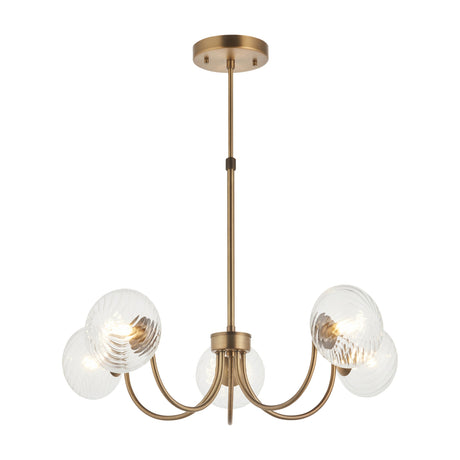 Gallery Direct Havlen 5 light pendant with curved antique brass arms and clear ribbed glass globes, shown on a plain white background.