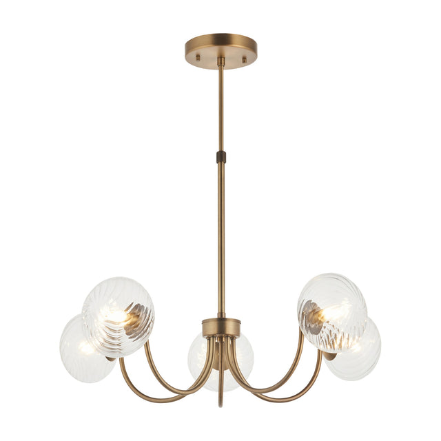 Hague 5 Light Pendant with Ribbed Glass Globes – Antique Brass