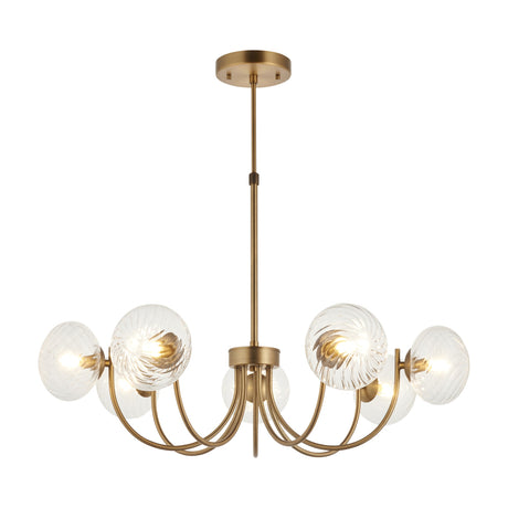 Gallery Direct Havlen antique brass pendant light with seven curved arms holding clear swirled glass globes, shown on a plain white background.