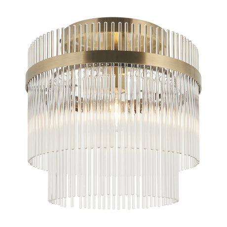 Gallery Direct Vantessa semi-flush ceiling light with two tiers of clear glass rods on an antique brass frame, lit E27 bulb, plain white background.