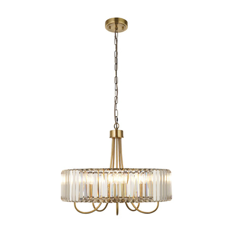 Gallery Direct Ostrelle 5-light crystal chandelier with faceted glass drum shade, curved arms and antique brass finish, suspended on a chain.