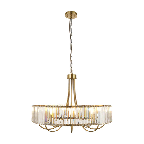Gallery Direct Ostrelle 8 light crystal chandelier with antique brass frame, curved arms and faceted glass drops on chain suspension, plain background.
