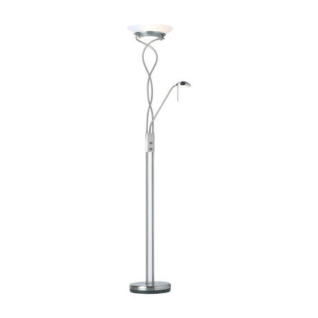 Gallery Direct Monvessa Mother and Child Floor Lamp with frosted glass uplighter dish and adjustable reading arm in satin chrome on a weighted base.