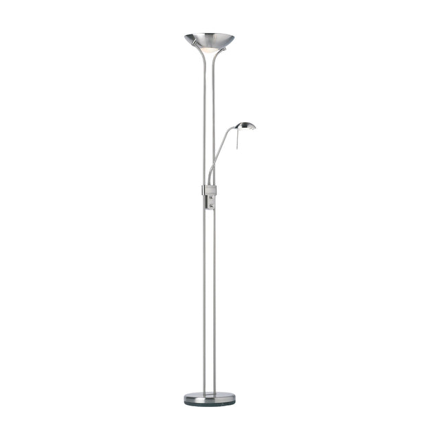 Gallery Direct Romvael Mother and Child Floor Lamp in chrome with opal glass uplighter dish and adjustable gooseneck reading arm on a round base.