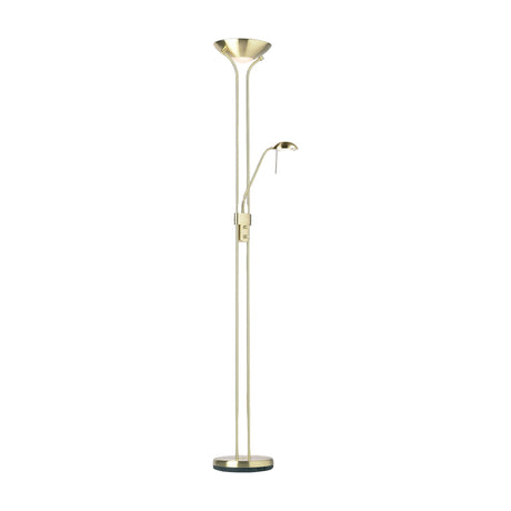 Gallery Direct Romvael Mother and Child Floor Lamp in brass with opal glass uplighter dish and adjustable reading arm on a round weighted base.