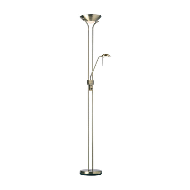 Gallery Direct Romvael Mother and Child Floor Lamp in antique brass with opal glass uplighter dish and adjustable gooseneck reading arm on a round base.