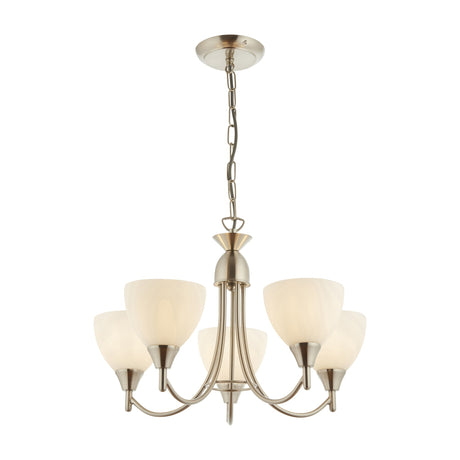 Gallery Direct Silvenna 5 Light Pendant with satin chrome curved arms, upturned opal glass shades, and chain suspension on a white background.