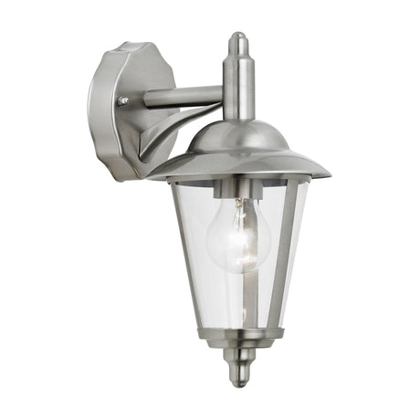 Gallery Direct Klivenne outdoor wall light with a downward-facing lantern in brushed stainless steel, clear polycarbonate panels and E27 bulb, on white.