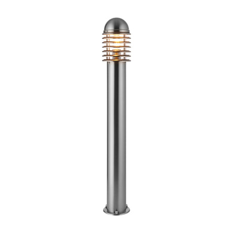 Gallery Direct Louvane Bollard Floor Lamp in brushed stainless steel with ribbed louvre shade, domed cap and circular base on a plain background.