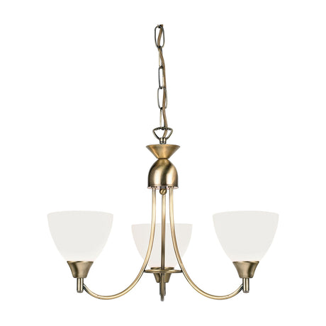 Gallery Direct Silvenna 3 Light Pendant with upturned opal glass shades on curved antique brass arms, suspended from a chain on a white background.